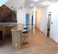 Interior of a 2-room apartment with a kitchenette and a wooden decor floor.