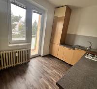 A kitchen in a 3-room apartment with a wooden decor floor and a view of the exterior.