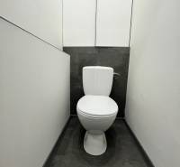 A toilet with a dark decor floor in a 3-room apartment.