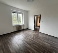 An empty room in a 3-room apartment with white walls and a floor with a wood decor.