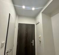 Entrance hallway in a 3-room apartment with white walls and dark doors.