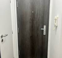 Entrance door in a 3-room apartment with a dark wood decor and white walls.