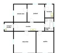 Floor plan of a 3-room apartment with an entrance hallway, kitchen, living room, and bedroom.