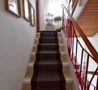 Interior of a 3-room apartment with a staircase, carpet, and railing made of colored metal.