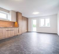 Interior of a 2-room apartment with a kitchen and a wooden decor floor.
