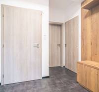 Interior of a 2-room apartment with dark flooring and wooden doors.