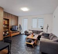 Living room in a two-room apartment with a wooden decor floor, sofa, and television.