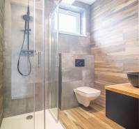 Bathroom in a 2-room apartment with a glass shower enclosure and a floor with a wooden decor.