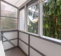 A glazed balcony of a 3-room apartment with a view of trees and clotheslines for drying laundry.