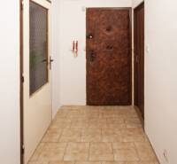 Hallway in a 3-room apartment with doors and tiles.