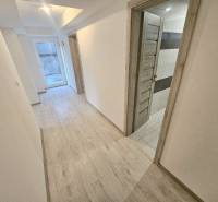 A hallway in a 3-room apartment with a wooden decor floor and a door to the bathroom.