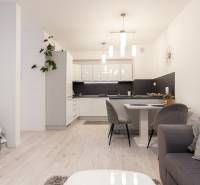Interior of a 2-room apartment with a bright living room, kitchen with a dining table, and flooring with a wooden decor.