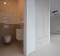 A bathroom with a sink, gold accessories, a toilet, and a white built-in wardrobe in a 4-room apartment.