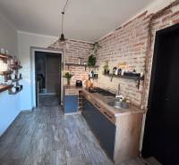 Kitchen in a 2-room apartment with brick walls and a floor with a wood decor.