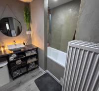 Bathroom in a 2-room apartment with a wooden decor floor and minimalist design.