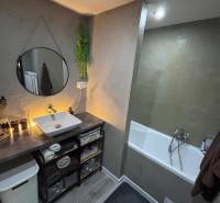Bathroom in a 2-room apartment with a sink, bathtub, wooden decor flooring, and decorative elements.