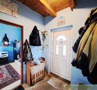 Entrance hall in a family house with hanging coats and a room with carpets and greenery.