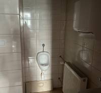 A restroom in commercial premises with tiles, a radiator, and a urinal.
