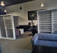 Interior of commercial space with a sofa, table, and shelves.