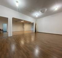 Commercial space with wood-patterned flooring and simple lighting.