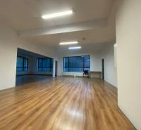 Commercial spaces with wood-patterned flooring and large windows.