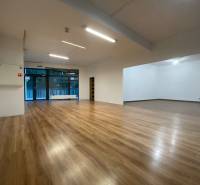 Commercial spaces with wood-patterned flooring and light panels.