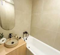 A bathroom in a 4-room apartment with a bathtub, sink, and mirror in beige tones.