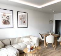 Living room in a 4-room apartment with a sofa and a dining table, wooden decor flooring.