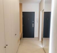 Entrance hall in a 4-room apartment, with tiles and a large mirror.