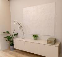 A minimalist hallway in a 4-room apartment with furniture and plants on a floor with a wooden decor.