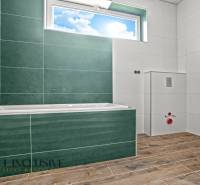 A bathroom in a family house with a bathtub and a floor with a wooden decor.