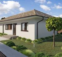 A family house in Gabčíkovo with a lawn, lined with trees and a path to the entrance.