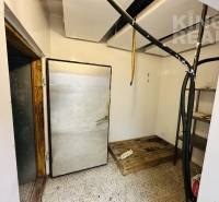 Cooling room in commercial premises with sturdy doors and metal shelves.