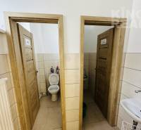 Interior of commercial premises with toilets and wooden doors.