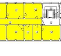Floor plan of offices on the second floor with labels for different rooms and their sizes.