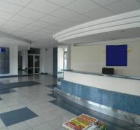Reception in offices with tiles, ceiling panels, and magazines on the table.