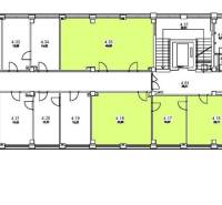 Floor plan of offices on the fourth floor with various room sizes.