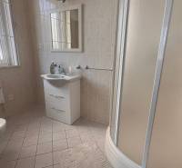 A bathroom with a shower, toilet, and sink in an office.