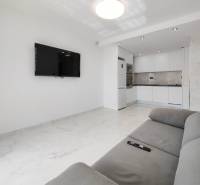 Living room with a TV and kitchen in a 3-room apartment with white walls.
