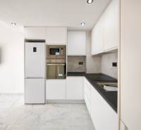 A kitchen in a 3-room apartment with a marble floor and modern appliances.