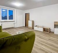 Living room in a two-room apartment with a wooden decor floor, a green sofa, and modern furniture.