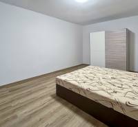 Bedroom in a two-room apartment with a bed, wardrobe, and wooden decor flooring.
