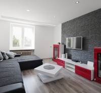 Living room in a two-room apartment with a dark gray sofa, television, and wooden decor flooring.
