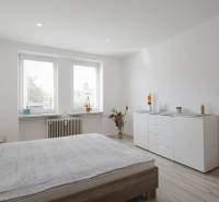 Bedroom in a 2-room apartment with wood-patterned flooring, white furniture, and a decorative wall.