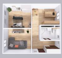 Floor plan of a 2-room apartment with wood-patterned flooring and furnished furniture.