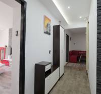 Interior of a 2-room apartment with a wooden decor floor, sofa, and modern furniture.