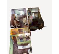 3D floor plan of a 2-room apartment with furniture and wooden decor flooring.