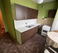 A kitchen in a 2-room apartment with green walls and a floor with a wooden decor.