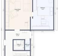 Floor plan of a 2-room apartment with a living room, bedroom, and bathroom.