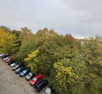 A parking lot full of cars surrounded by trees on SNP Street in Šahy.